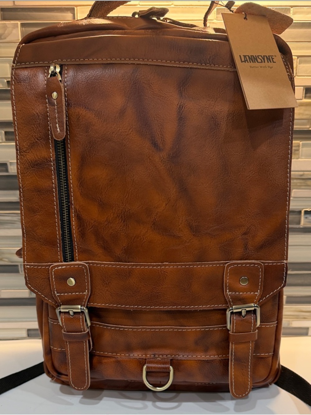 Landsyne Chestnut Leather-Style Backpack for Men
